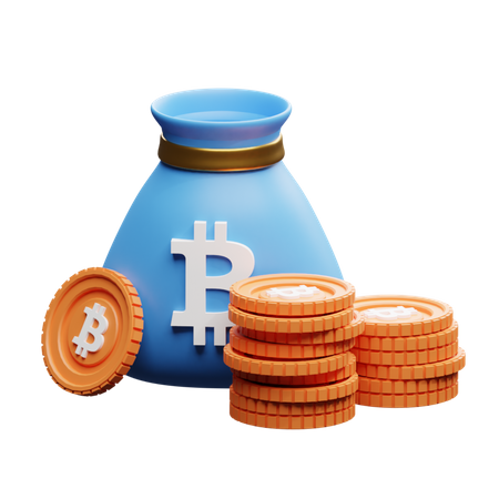 Bolsa de bitcoin con pilas de bitcoin  3D Illustration