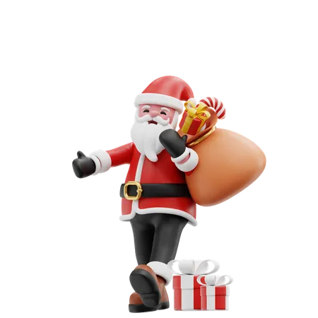 Papá Noel trae bolsa de regalo  3D Illustration