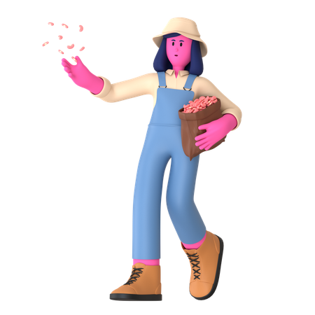 Agricultora segurando saco de sementes  3D Illustration