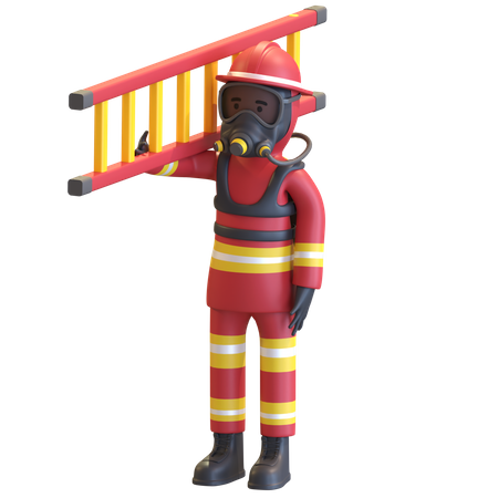Proteção completa de equipamento de bombeiro segurando escada  3D Illustration