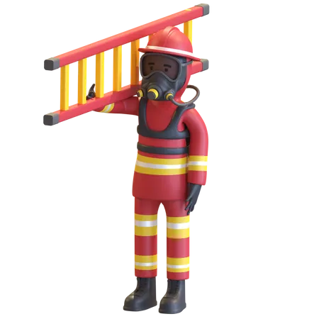 Bombeiro Vestindo Uniforme De Terno Vermelho E Capacete De Seguranca Vermelho Com Mascara De Gas Segurando Escada 3 D Render Ilustracao De Personagem 3D Illustration