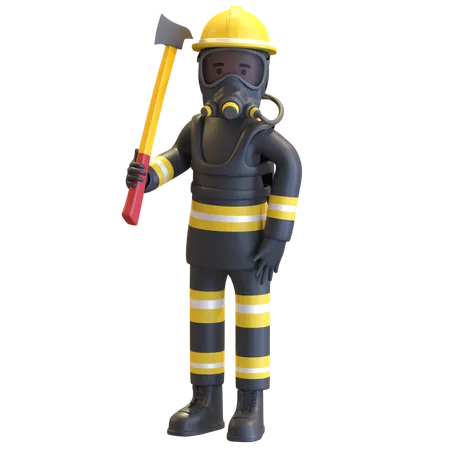 Proteção completa de equipamento de bombeiro segurando machado  3D Illustration