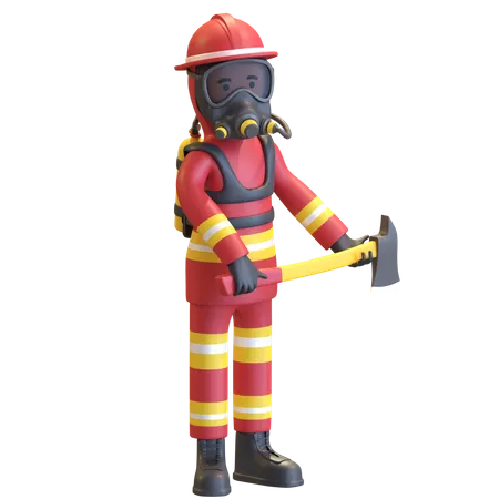 Proteção completa de equipamento de bombeiro segurando machado  3D Illustration