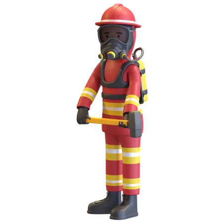 Proteção completa de equipamento de bombeiro segurando marreta  3D Illustration