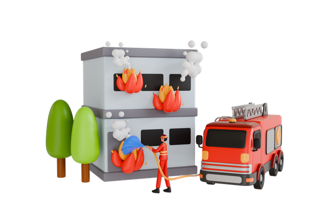 Bombeiros apagando incêndio em casa  3D Illustration