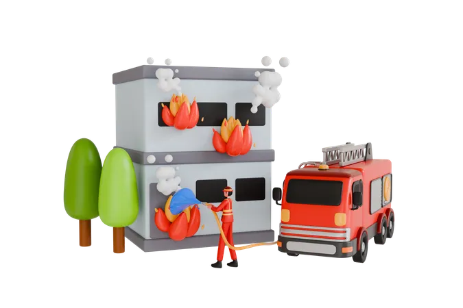 Bombeiros apagando incêndio em casa  3D Illustration
