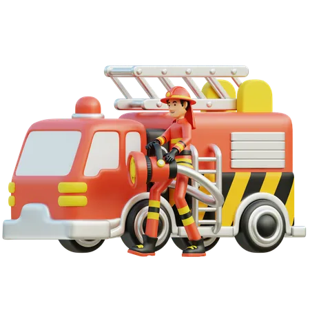 Bombero masculino con coche  3D Illustration