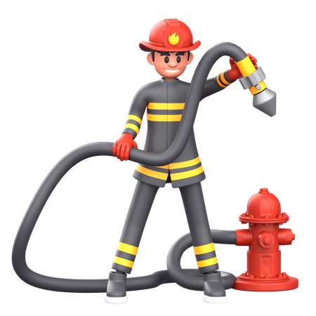 Bombero de pie con una manguera de agua  3D Illustration