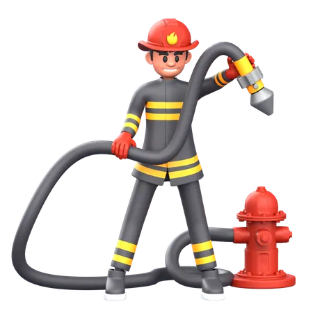 Bombero de pie con una manguera de agua  3D Illustration