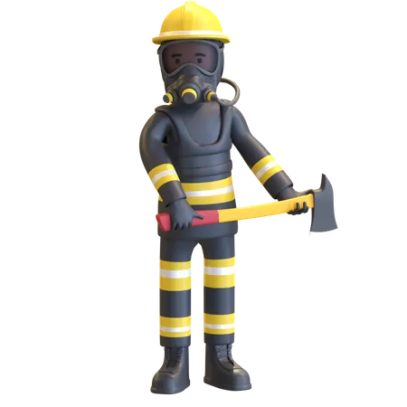 Protección de equipo completo de bombero sosteniendo hacha  3D Illustration
