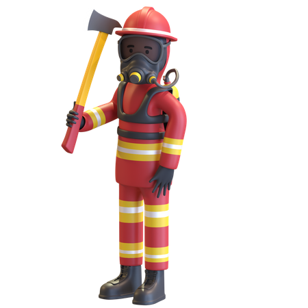 Protección de equipo completo de bombero sosteniendo hacha  3D Illustration
