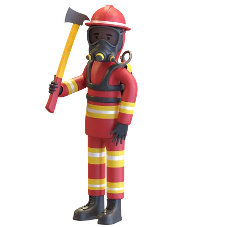 Bombero Vestido Con Uniforme De Traje Rojo Y Casco De Seguridad Rojo Con Mascara De Gas Sosteniendo Un Hacha Ilustracion De Personaje De Representacion 3 D 3D Illustration