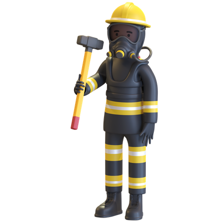 Protección completa del equipo de bombero sosteniendo un martillo  3D Illustration