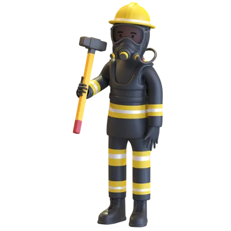 Protección completa del equipo de bombero sosteniendo un martillo  3D Illustration