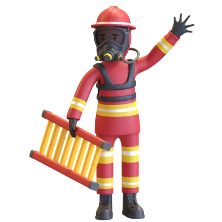 Bombero Vestido Con Uniforme De Traje Rojo Y Casco De Seguridad Rojo Con Mascara De Gas Sosteniendo Una Escalera Ilustracion De Personaje De Representacion 3 D 3D Illustration