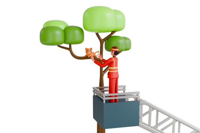 Bombero rescatando a un gato atrapado en un árbol  3D Illustration