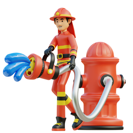 Bombero masculino rociando a través de hidrante  3D Illustration