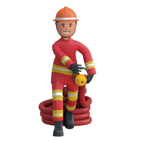 Bombero sosteniendo manguera de agua  3D Illustration