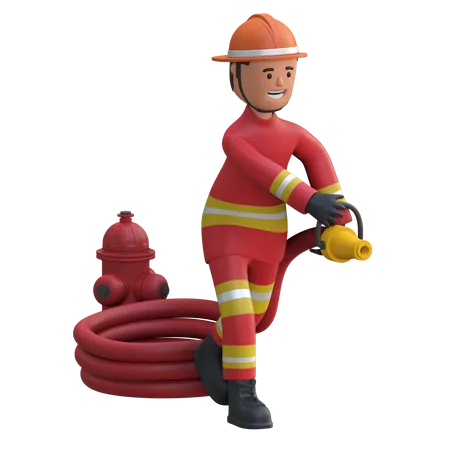 Bombero sosteniendo manguera de agua  3D Illustration