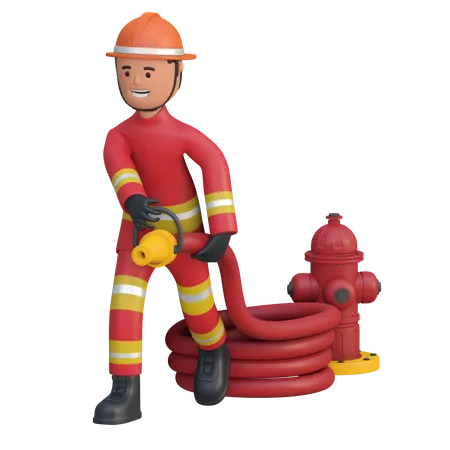 Bombero sosteniendo manguera de agua  3D Illustration