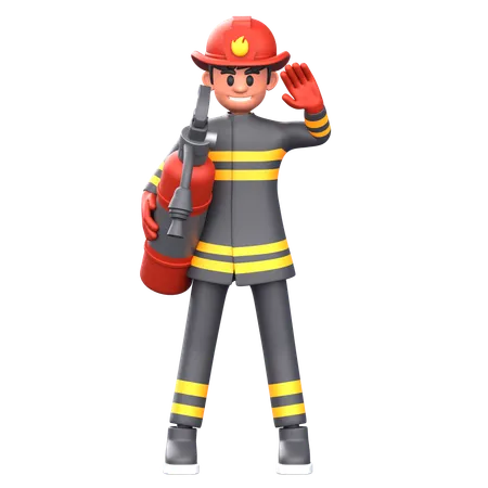 Bombero sosteniendo un extintor de incendios  3D Illustration