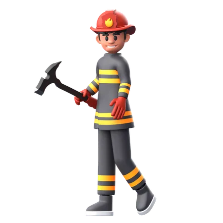 Bombero sosteniendo un hacha  3D Illustration