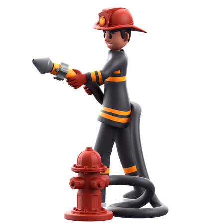 Bombero sosteniendo una manguera de agua  3D Illustration