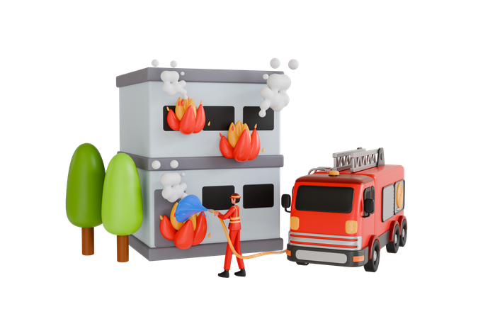 Bomberos apagando el incendio de una casa  3D Illustration