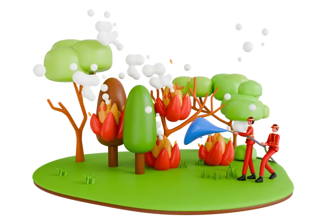 Bomberos extinguiendo incendios forestales  3D Illustration