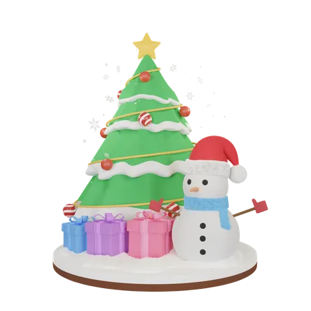 Boneco de neve com árvore de natal  3D Illustration