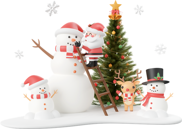 Boneco de neve e renas com árvore de natal  3D Icon