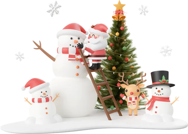 Boneco de neve e renas com árvore de natal  3D Icon