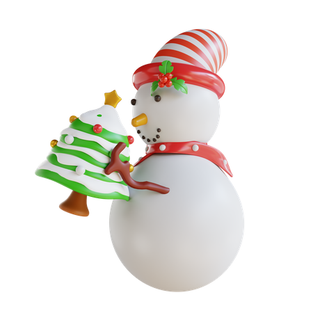 Boneco de neve segurando a árvore de natal  3D Illustration