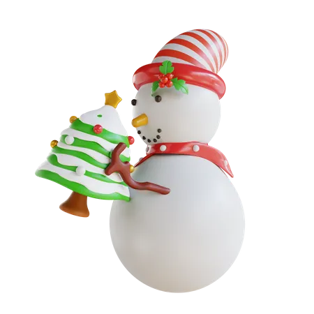 Boneco de neve segurando a árvore de natal  3D Illustration