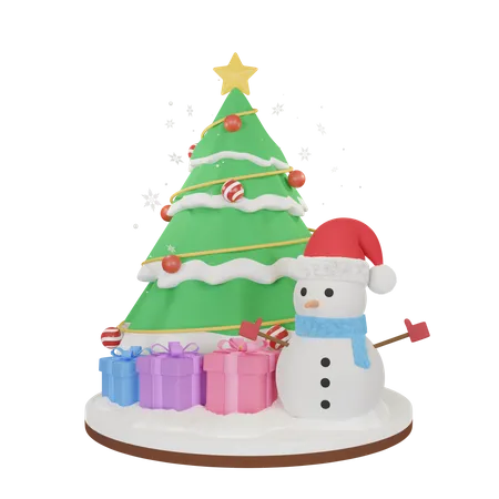 Bonhomme de neige avec arbre de Noël  3D Illustration