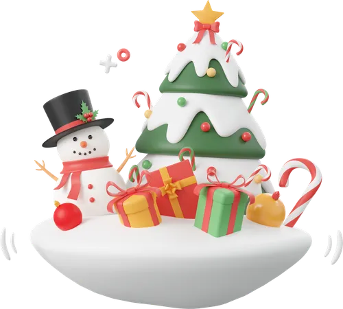 Bonhomme de neige avec arbre de Noël et boîte-cadeau  3D Icon