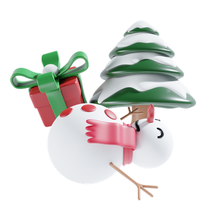 Bonhomme de neige avec cadeau et arbre  3D Icon