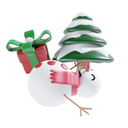 Bonhomme de neige avec cadeau et arbre  3D Icon