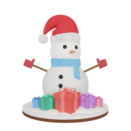 Bonhomme de neige avec des cadeaux  3D Illustration