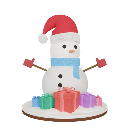 Bonhomme de neige avec des cadeaux  3D Illustration