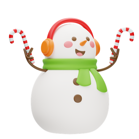 Bonhomme de neige avec écouteurs et canne en bonbon  3D Icon