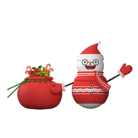 Bonhomme de neige avec sac cadeau du Père Noël  3D Illustration