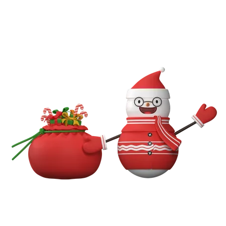 Bonhomme de neige avec sac cadeau du Père Noël  3D Illustration