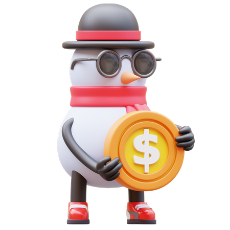 Personnage de bonhomme de neige tenant une pièce de monnaie  3D Illustration