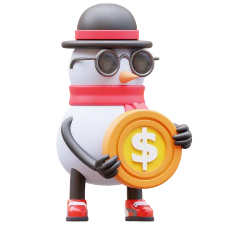 Personnage de bonhomme de neige tenant une pièce de monnaie  3D Illustration