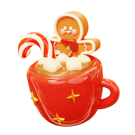 Bonhomme en pain d'épice prenant un bain de chocolat chaud avec des guimauves sucrées et de la canne en bonbon  3D Icon