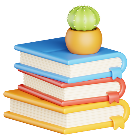 Book Stack With Cactus  3D Icon