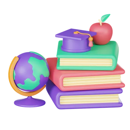 Book With Graduation Hat Apple With Globe For Education 3D Icon