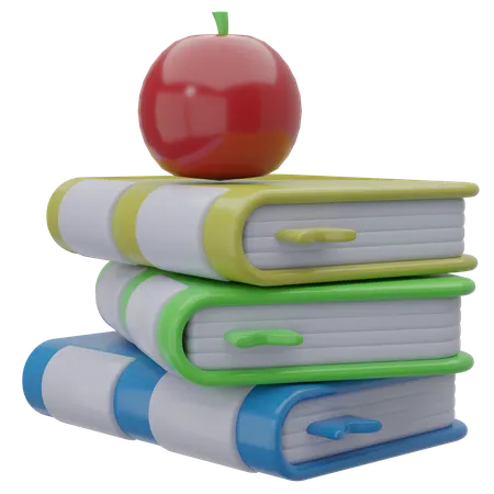 Books And Apple Of 3 D Illustration Library 3 D Icon Concept 3 D Render 3D Icon
