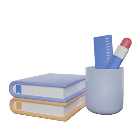 Books And Stationary Pot  3D Illustration